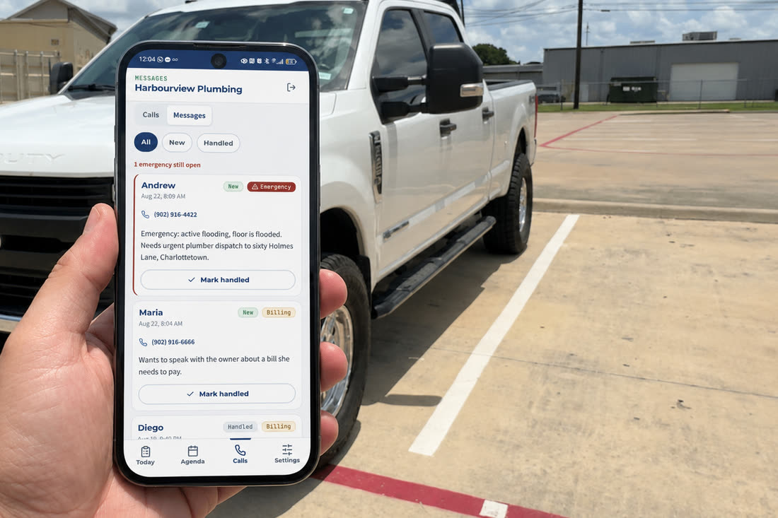 Tradesperson in a work van holding a phone showing the Smart Path dashboard